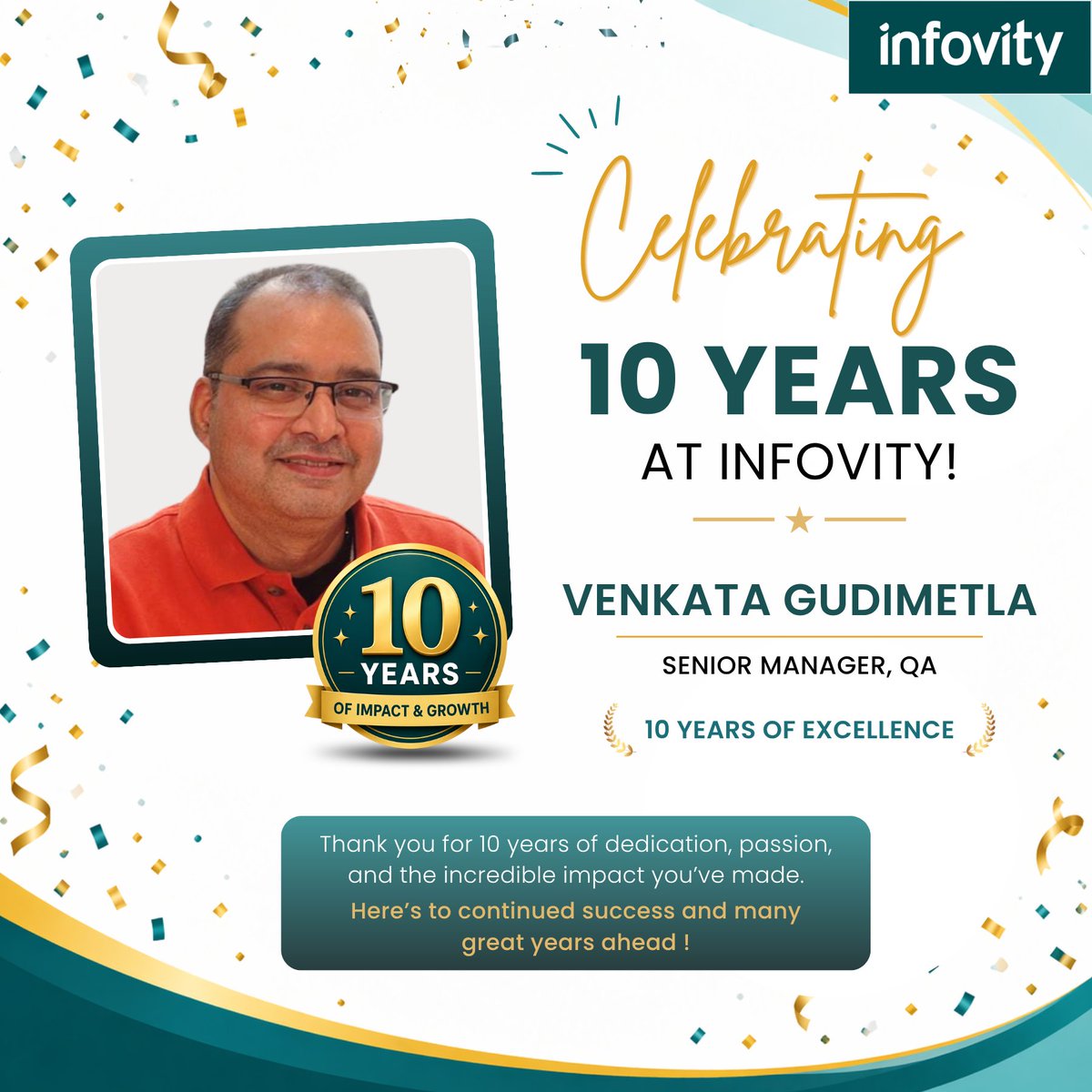 Infovity's tweet photo. #10YearsStrong
Kicking off a series celebrating the people who’ve been a part of our journey over the years, starting with a 10-year #milestone 🎉 Congratulations @VenkataGudimet1! We truly value the growth you’ve brought over the years &amp; are grateful to have you with 
#Infovity! https://t.co/mtuTJPIkw0