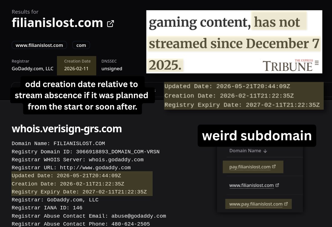 Keniisu's tweet photo. Don't submit your email to "FilianIsLost./com".
These red flags are why:

1. Domain registered Feb 2026, updated recently (Hiatus began Dec 2025)
2. Odd "pay." subdomain.
3. Email form goes to unknown Google Apps script.
4. "Filian/.com" taken by her already. (why a new one?) https://t.co/TwkCCbciXZ