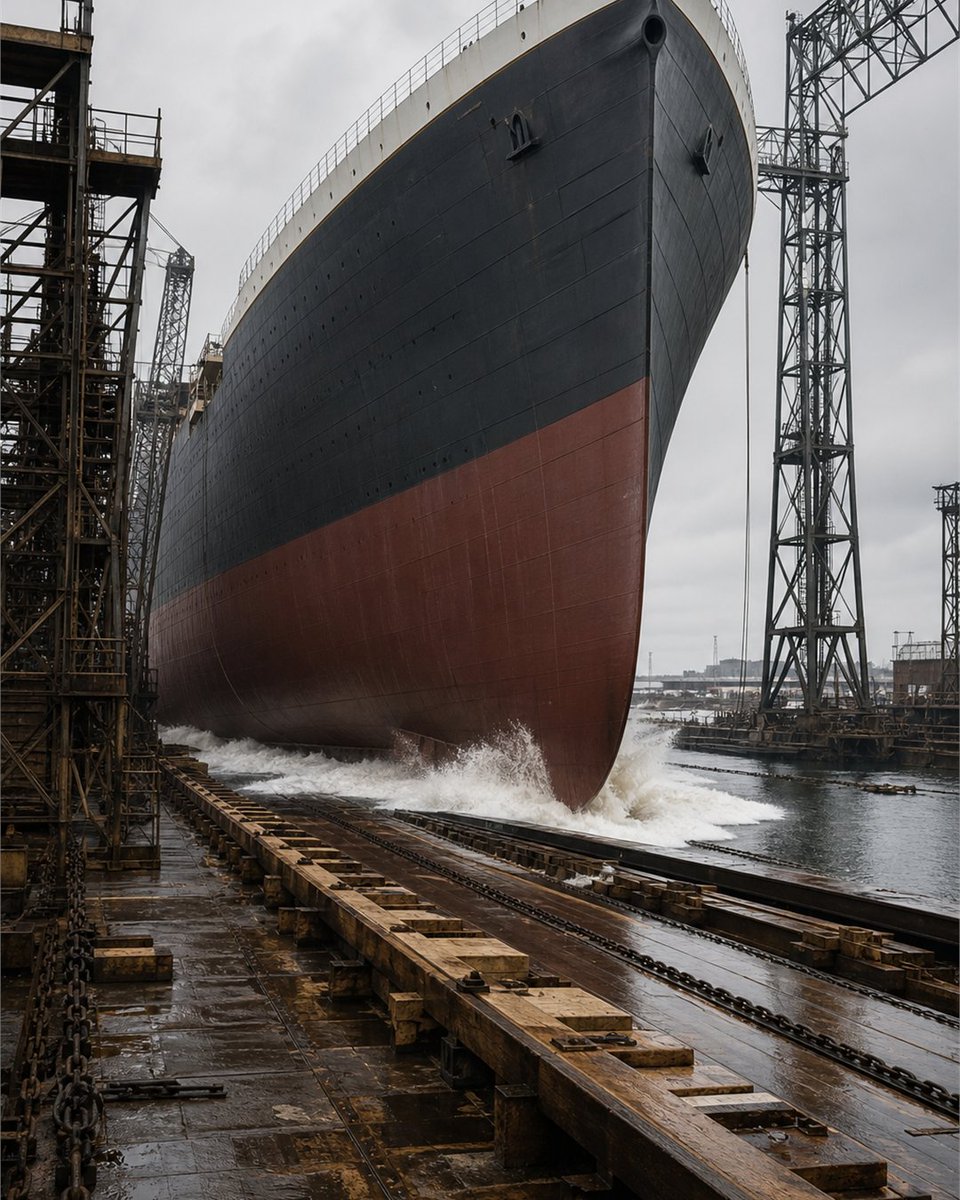 CameraNeverSaw's tweet photo. On May 31, 1911, Titanic was launched at Belfast.

Before the name became a warning, it was a hull sliding toward the water: timber supports, wet slipway, workers watching the first movement of something too large to feel ordinary.

Not the voyage. The first floating. https://t.co/OVdH1DRZSv