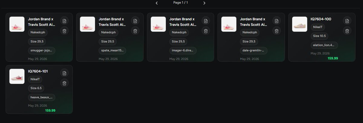 nsb_bot's tweet photo. 6 canary travis checkouts for @oldandee. nakedcph and nike it hits while manual users were busy fighting the queue-it lobby for sizes that didn't exist. 4 pairs of 29.5 eu at naked and 2 more on nike it for €159.99. while they refreshed, we ate. 🏆 https://t.co/m17nQTyFfw
