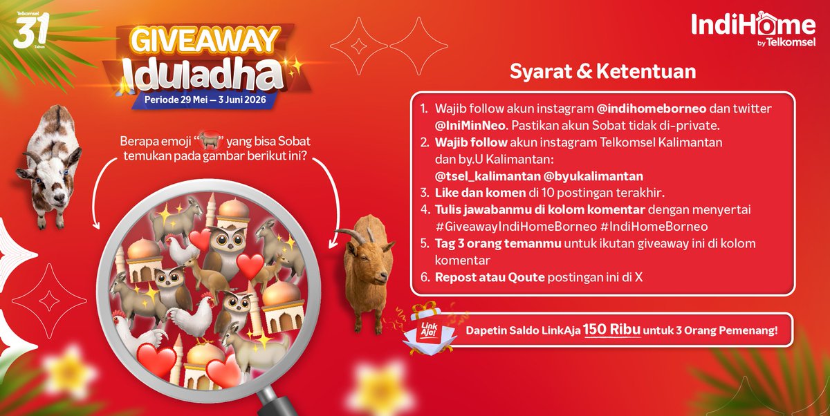 IniMinNeo's tweet photo. 🚨 GIVEAWAY SPESIAL IDULADHA 🚨

Mumpung masih vibes idul adha, ada yang bisa hitung emoji "🐐" yang bisa Sobat temukan? 🧐🔎

Ada saldo LinkAja total 150rb untuk 3 orang pemenang yang beruntung! 🎁 Siapa mau? 🙋‍♂️🙋‍♀️

Cek persyaratannya, yuk!👇🏻 https://t.co/JISuL64kLO