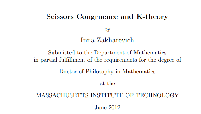 mlemth's tweet photo. @erenspace_ here's a very recent (though rather niche) example of this!

i went to a conference recently on "scissors congruence K-theory", which is a new sub-field of K-theory completely spawned by this 2012 thesis https://t.co/3Lde7XqNje