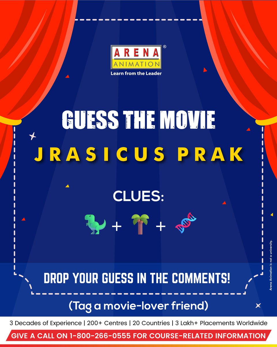 arenabilaspur's tweet photo. A thrilling adventure where science brings the past roaring back to life.

#PinnacleArena #PinnacleDesign #ArenaBilaspur #DesignTraining #Animation #BilaspurArena
#GuessTheMovie #MovieQuiz #AdventureFilm #Hollywood #ArenaAnimation https://t.co/iFjVAi5cwg