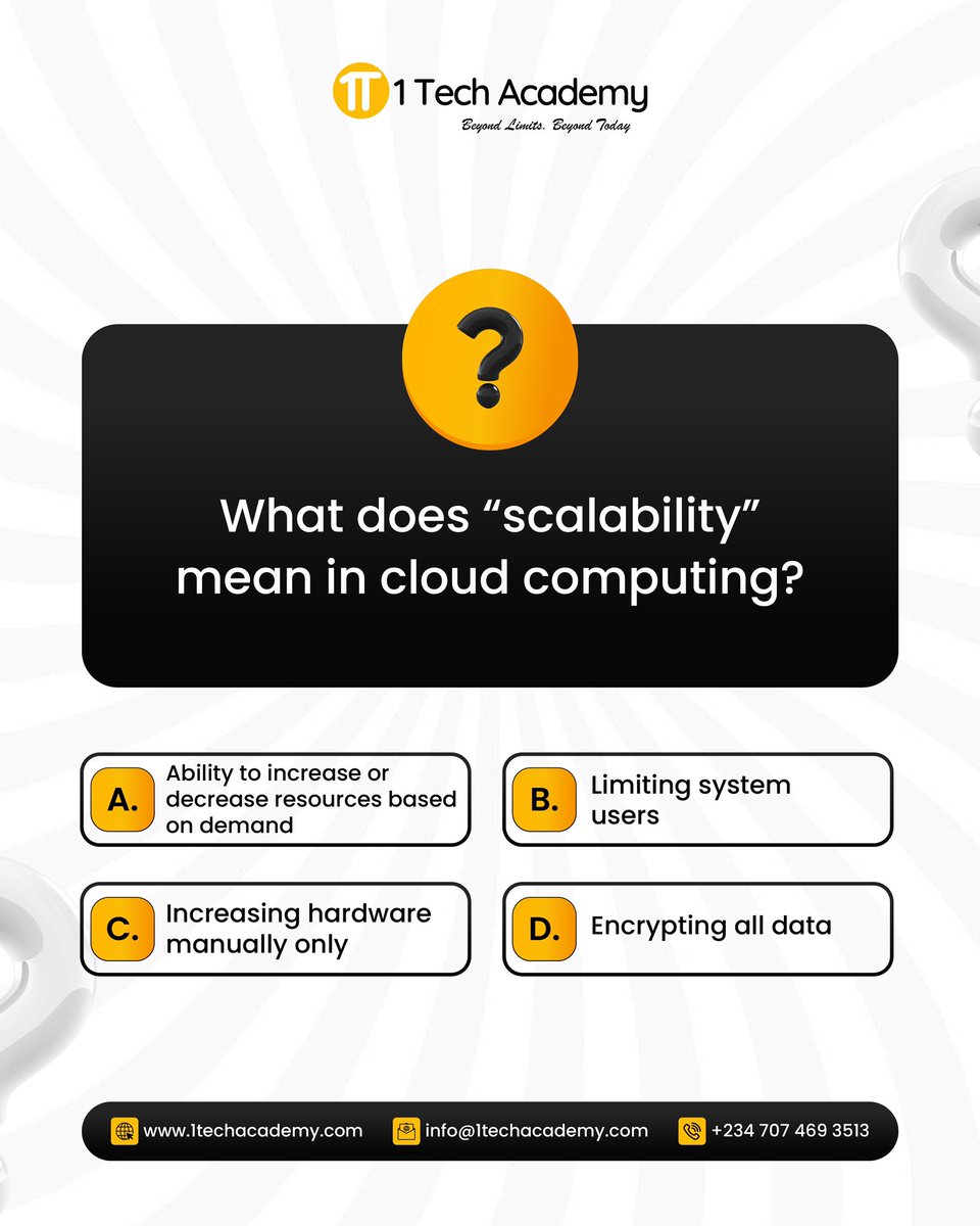 1techAcademy's tweet photo. It’s Friday and we’re back with another Trivia. 

What does the word “scalability” mean in Cloud Computing?

Drop your answer or tag someone who knows this to answer in the comments.👇 https://t.co/cLzwfVqbsq