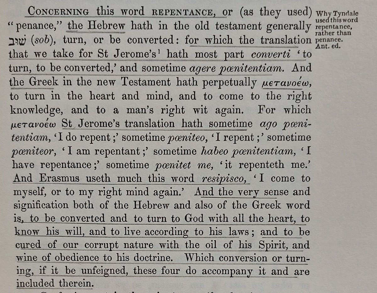 ssimonnin's tweet photo. One of the clichés of the Protestant Reformation is that Tyndale introduced the word "repent" where Jerome had translated "do penance."

As usual, the reality is more complicated, as Tyndale himself explains.

(Tyndale, Prologue to Matthew's Gospel) https://t.co/TOKVsXeMqW