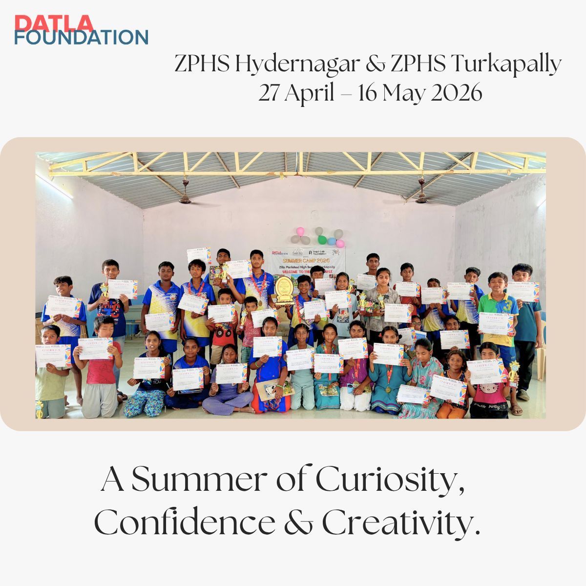 DatlaFoundation's tweet photo. A summer of learning, creativity &amp; confidence building for students at ZPHS Hydernagar &amp; ZPHS Turkapally.
Through interactive activities, innovation challenges, leadership sessions &amp; sports-based learning, children explored new ideas &amp; discovered new strengths beyond classroom. https://t.co/UMM0qx4GQ4