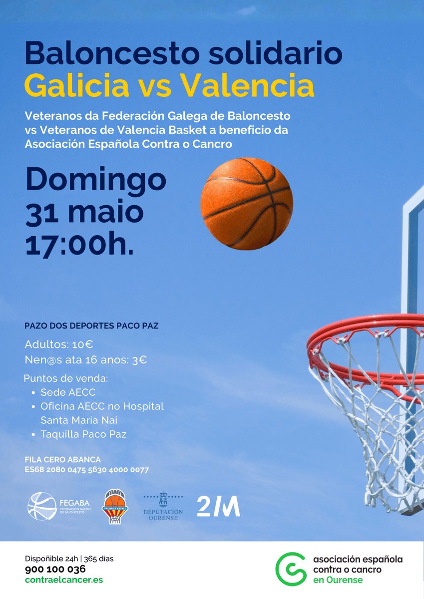 ContraCancerOU's tweet photo. HOXE ESPERÁMOSVOS NO PARTIDO DE BALONCESTO SOLIDARIO 🏀 NO PACO PAZ DE OURENSE ÁS 17H. MERCA A TUA ENTRADA NA TAQUILLA DA PORTA 1. https://t.co/xbDBXfNNq9