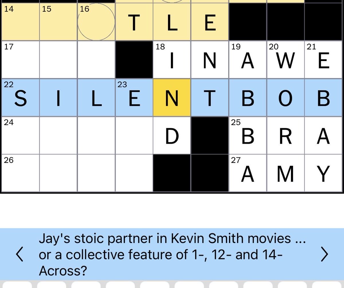 davebart1's tweet photo. Hey @ThatKevinSmith you were an answer on todays @nytimes midi crossword. @ClerksMovie #silentbob #37? #snootchiebootchies https://t.co/UudITg2sFk
