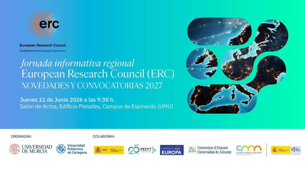 UMUdivulga's tweet photo. ¿Te planteas participar en la nueva convocatoria ERC 2027? 🇪🇺 Únete a esta jornada informativa

📅11 de junio
🕤9:30 horas
📍Salón de actos Pleiades (Campus de Espinardo)

Organiza OPERUM y OPII en colaboración con @FECYT_Ciencia 

Programa:
https://t.co/rq2Fc17xta https://t.co/AtUfUWTbKV