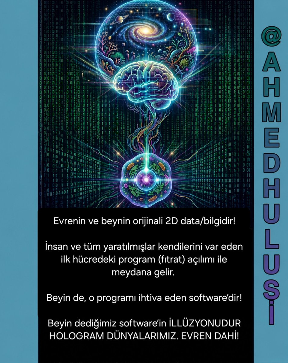 Bitebessm's tweet photo. Evrenin ve beynin orijinali 2D data/bilgidir! 

İnsan ve tüm yaratılmışlar kendilerini var eden ilk hücredeki program (fıtrat) açılımı ile meydana gelir. 

Beyin dediğimiz software’in İLLÜZYONUDUR 
HOLOGRAM DÜNYALARIMIZ. EVREN DAHİ!

@AhmedHulusi https://t.co/AkzAD8rPeg