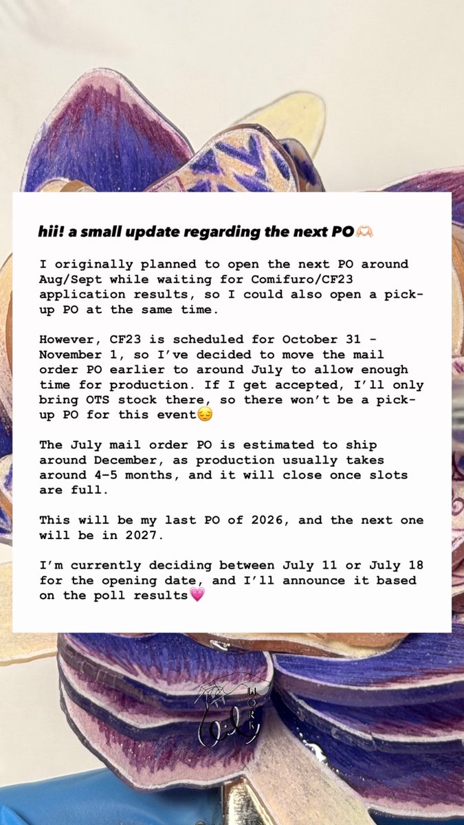 __lilwork's tweet photo. Update jadwal next PO🫶🏻
This will be my last PO of 2026, and the next one will be in 2027.

detail ada di gambar ini dan boleh vote tanggal open PO (mail order) di reply yaa~￼ https://t.co/h6JMgjPYNR