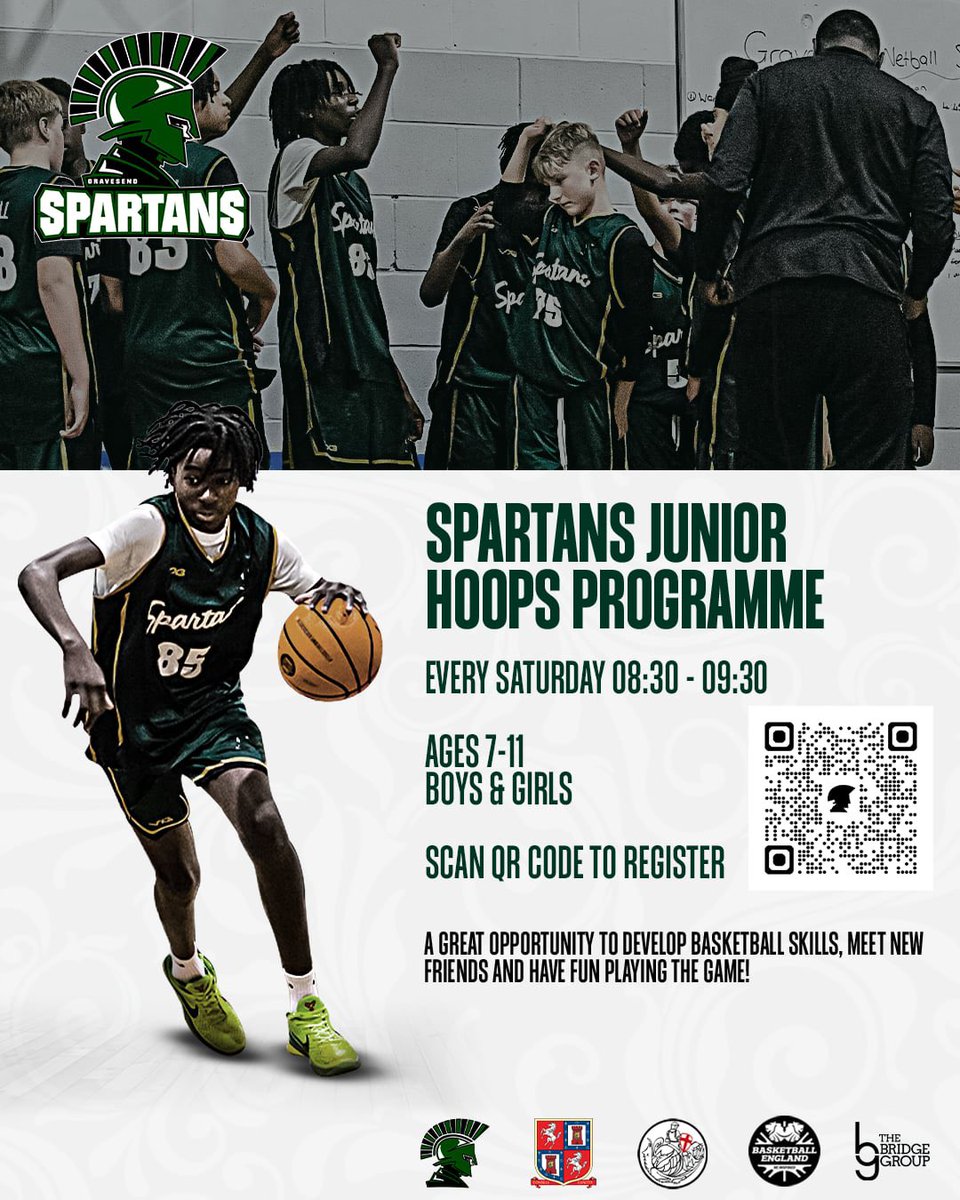 GGS_Spartans's tweet photo. 🏀SPARTANS JUNIOR HOOPS PROGRAMME🏀

📅 Saturdays | 10 Jan – 14 Feb
🕣 08:30–09:30
👥 Ages 7–11

A great way to develop your skills, stay active, and make friends. Scan the QR code to register!

 #gravesendspartans #bballengland https://t.co/myB0YDVopA