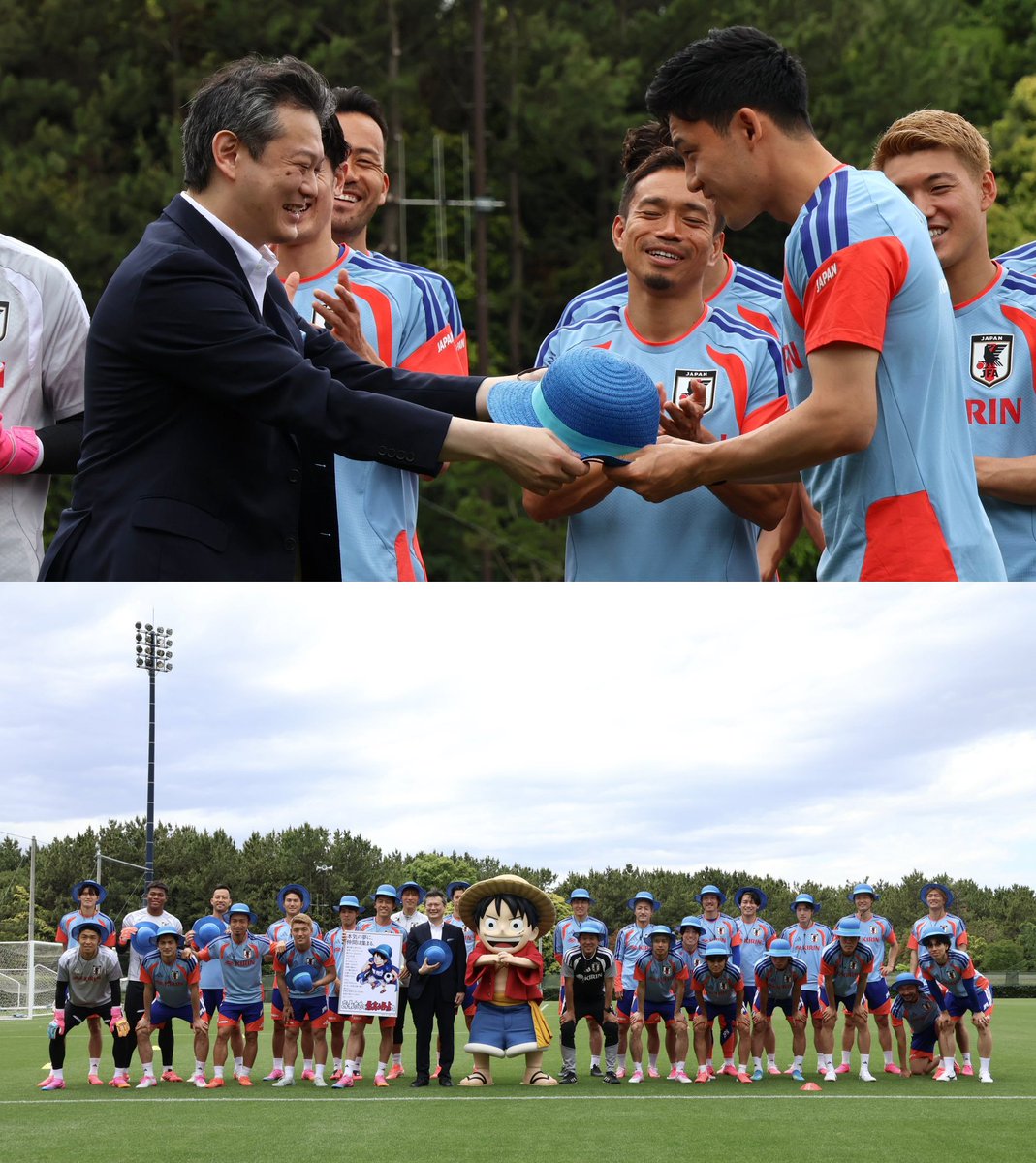 HdoPlus's tweet photo. La team One Piece a offert un chapeau de paille bleu à l'équipe nationale de football du Japon, les « SAMURAI BLUE » ! ⚽👒 https://t.co/RkdzS7Bdzk