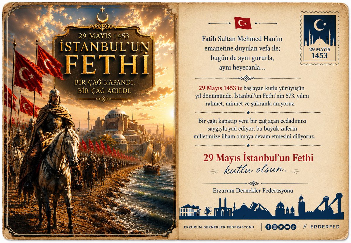 erderfed's tweet photo. Fatih Sultan Mehmed Han’ın emanetine duyulan vefa ile; bugün de aynı gururla, aynı heyecanla…
29 Mayıs 1453 İstanbul’un Fethi kutlu olsun. 🇹🇷
@erderfed 
@TC_istanbul https://t.co/qtmWkIH2Iz