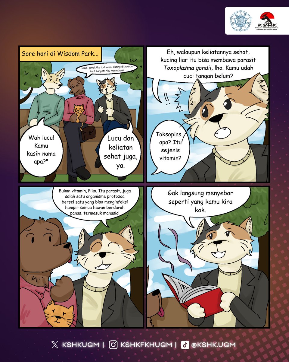 kshkugm's tweet photo. [FUNVETS #1]
Halo teman-teman semuanya! 😽👋
FunVets kembali lagi dengan tema “Recognising and Preventing the Parasitic Effects of Toxoplasma gondii” 🦠🐱

Yuk!! simak komik di bawah ini ✨
Untuk yang mau menjawab quiz, bisa melalui link di bawah ini 😁
https://t.co/KuV5xjp5Ly… https://t.co/oPl8NJJeo5