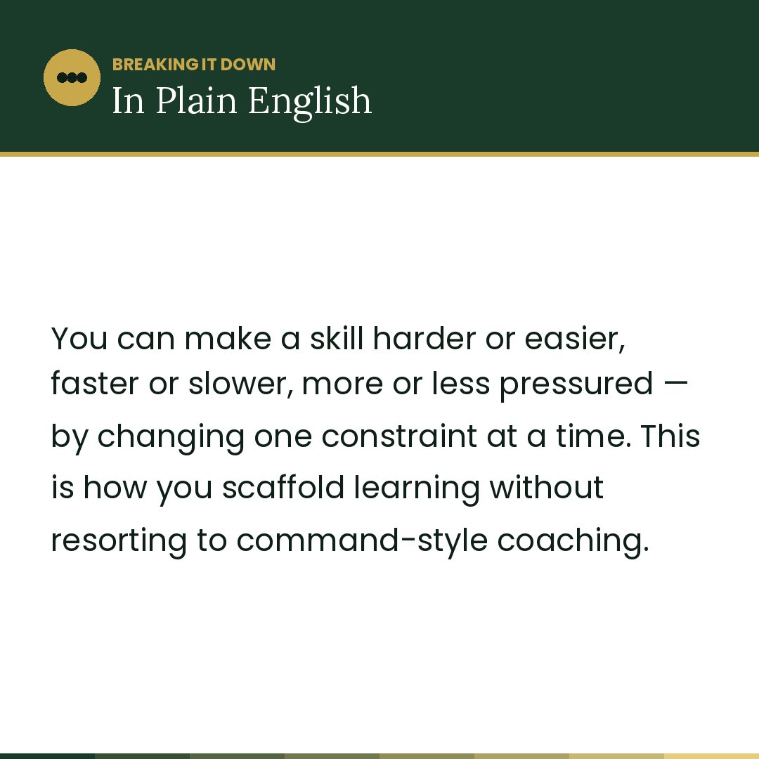 movementcoachkm's tweet photo. How Do We Manipulate Constraints?

You don’t need to shout more instructions. 

You need better constraints. 

Manipulating the right variables at the right time is one of the most powerful coaching tools you’ll ever use. 🎛️

#ConstraintsLedApproach #CLA #PracticeDesign #SkillAcquisition #EcologicalDynamics