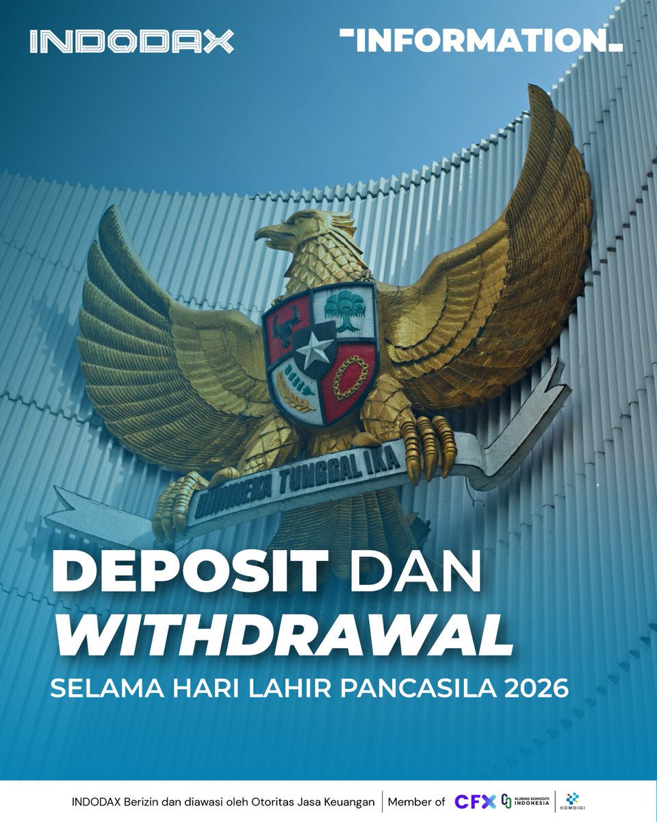 indodax's tweet photo. Halo Member INDODAX,

Sehubungan dengan Hari Lahir Pancasila, berikut diinformasikan penyesuaian jadwal layanan deposit dan withdrawal di INDODAX pada Senin, 1 Juni 2026:

Baca informasi selengkapnya di https://t.co/7jk08rf549

#INDODAX #AsetMasaDepan https://t.co/3ZjFqFn9SR