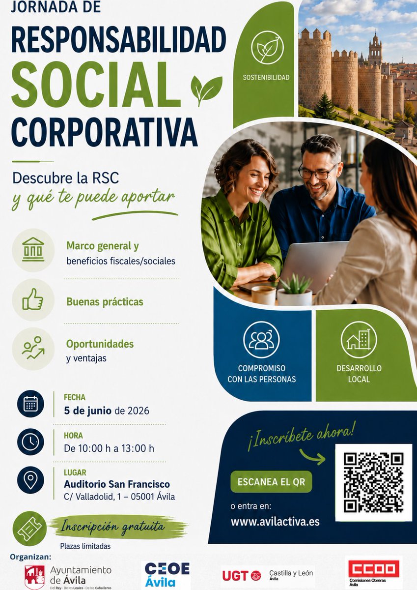 AVILACTIVA's tweet photo. El #Ayuntamiento de #ávila en colaboración con @CEOEAvila , @CCOOAvila y @AvilaUgt, organizan una Jornada sobre Responsabilidad Social Corporativa el  día 05 de junio en el Auditorio de San Francisco. Más información e inscripciones en @AVILACTIVA https://t.co/XySwayFE8A https://t.co/hBu7uJYxwa