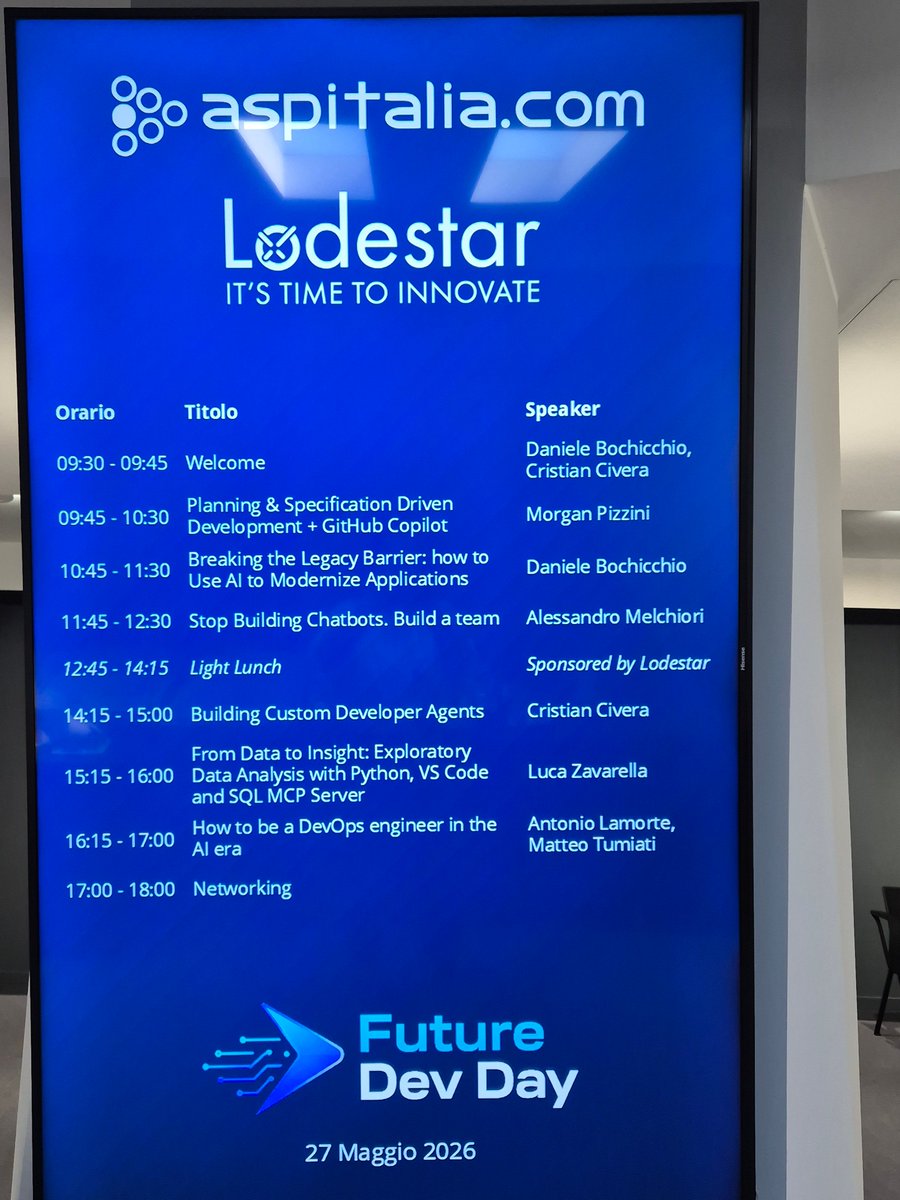 codiceplastico's tweet photo. Mercoledì Alessandro era al Future Dev Day di Milano.  Un talk su come un AI development team, fatto di agenti con ruoli distinti, può analizzare requisiti, progettare soluzioni e scrivere codice. Qualcosa di molto diverso da una chat.  
#codiceplastico #ai #dotnet #futuredevday https://t.co/Tzwqo5c8wR