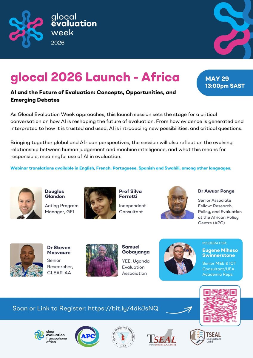 GEI_GlobalEval's tweet photo. Happy Friday! TODAY is the launch of Glocal Evaluation Week 2026 in Africa.🌍 Join us!

The launch event will explore emerging ideas, opportunities &amp; debates across #Africa as #AI reshapes the future of #evaluation.

🗓️May 29, 1–2:30 PM (SAST)
🖊️Sign up: https://t.co/mMhIu79Bnk https://t.co/IyKXqBfabM