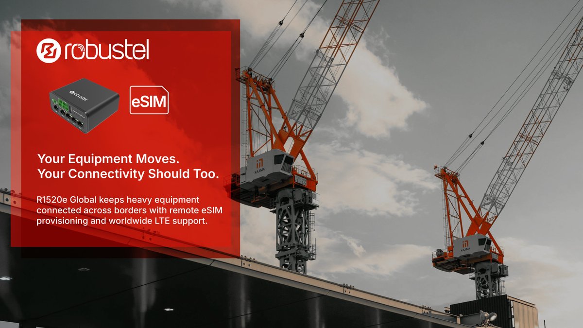 Robustel's tweet photo. Heavy equipment moves. Connectivity should move with it.

#Robustel R1520e Global keeps fleets connected across sites and borders with remote eSIM provisioning, global LTE support, and secure telematics connectivity — no physical SIM swaps required.  

https://t.co/PSv1OGGUnh https://t.co/FtbeUkwZd8