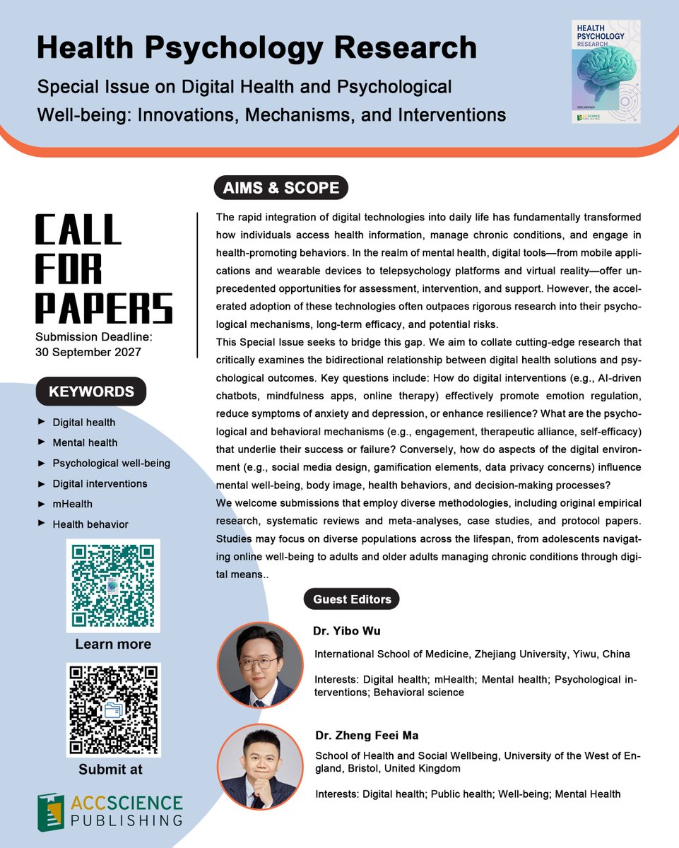 ASP_HPR's tweet photo. 📢 📢 Call for Papers:

#Digital #Health and #Psychological #Well-being: #Innovations, #Mechanisms, and #Interventions

🧐Guest edited by Dr. Yibo Wu and Dr. Zheng Feei Ma

🥳Learn more: https://t.co/ONZOhWENQU https://t.co/5nyGbQd0sf