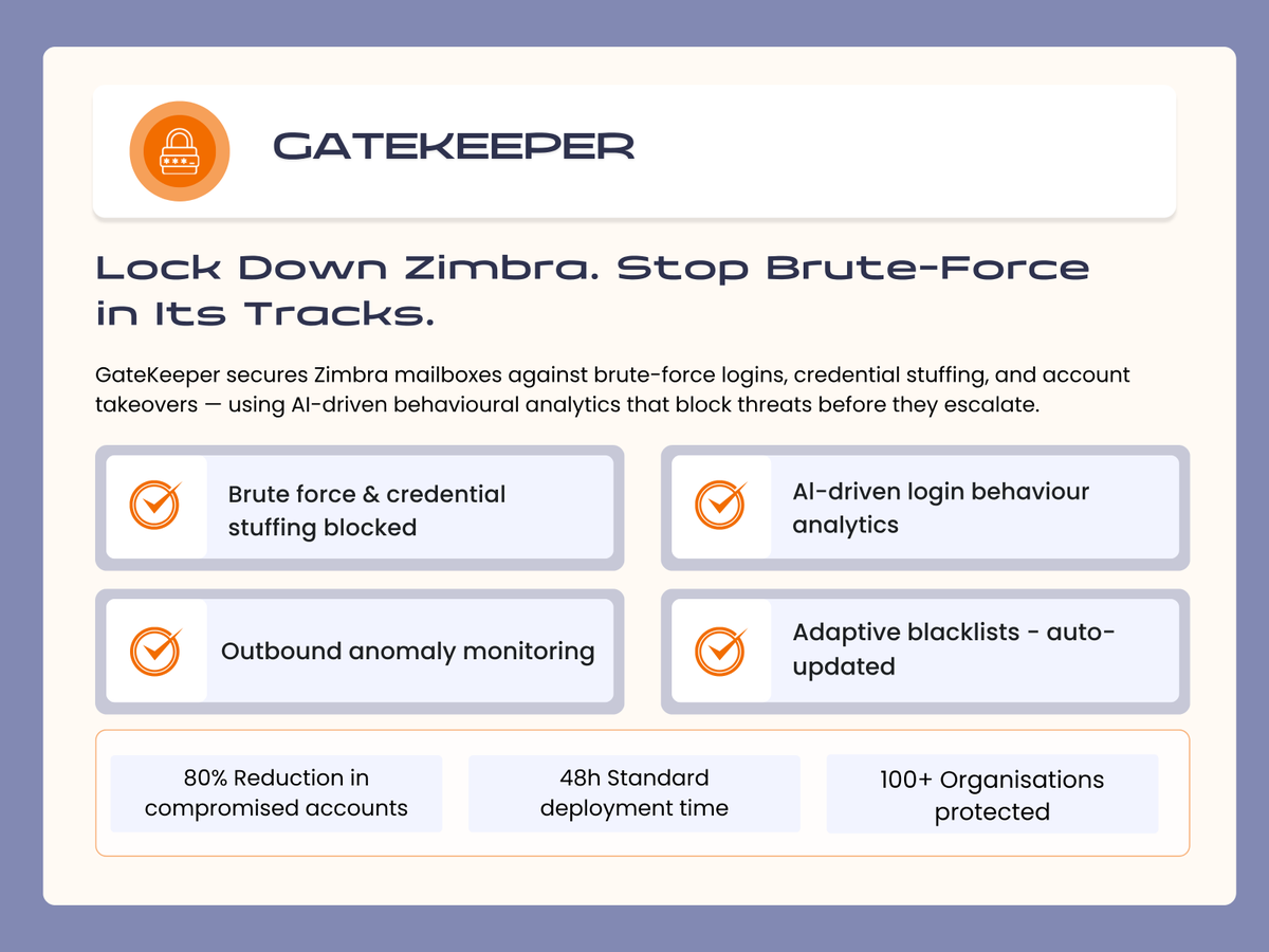 synaq's tweet photo. Together, SYNAQ SecureMail + GateKeeper give your business complete, layered email protection — cloud-managed, live within 48 hours, no hardware required.

Swipe to learn more:  https://t.co/h3rjP8p1OF  
@Zimbra 

#EmailSecurity #Zimbra #SYNAQ #SecureMail #GateKeeper https://t.co/chh8PSdcEq