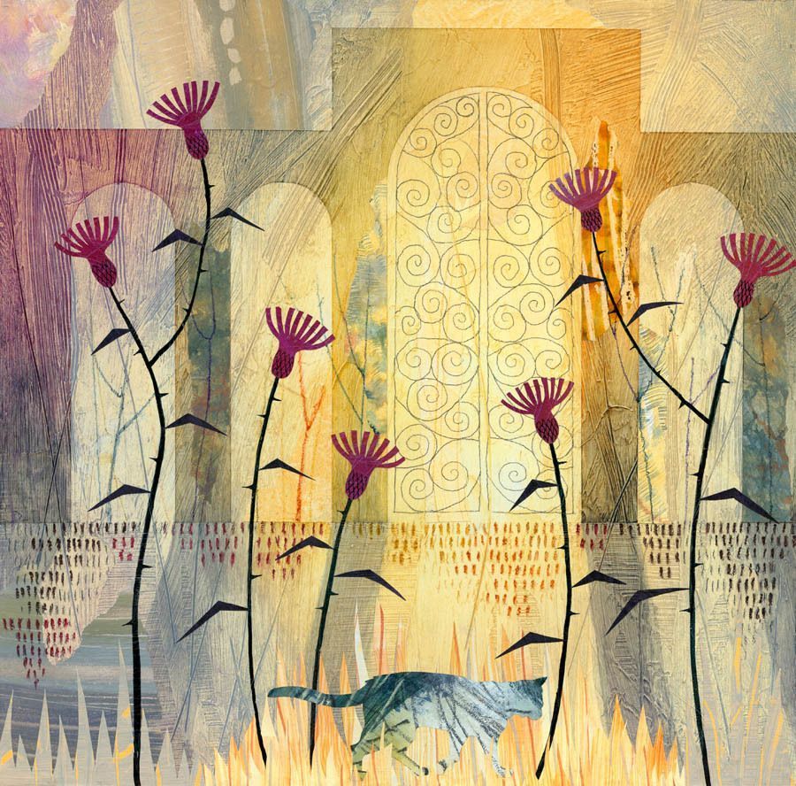 printreb's tweet photo. Guardians: A delicate tracery suggests the wrought iron spirals of an ornamental gate. The thorny silhouettes of the purple thistles in the foreground seem to guard the way. Meanwhile, a cat pads quietly through the dry grass, on patrol. Prints available: https://t.co/QoA67FXPbF https://t.co/imp3HPpNl1