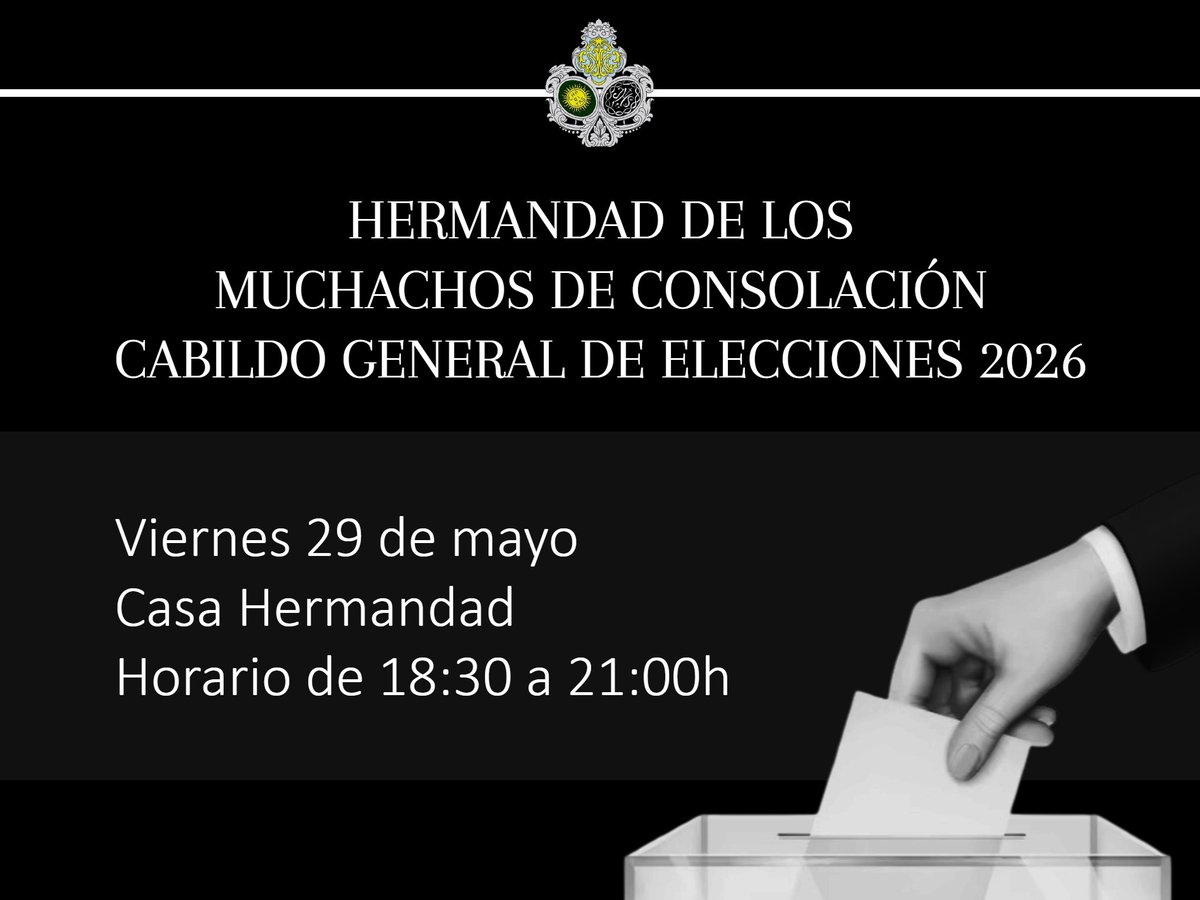 HDADMUCHACHOS's tweet photo. 𝐄𝐋𝐄𝐂𝐂𝐈𝐎𝐍𝐄𝐒 | Recordamos a nuestros hermanos que hoy viernes tendrá lugar Cabildo General de Elecciones a nueva Junta de Gobierno, al que concurrirá una única candidatura encabezada por N.H.D. Alberto Leal Ruiz.

✉️ Horario de votación: 18:30 a 21:00h.

📍Casa Hermandad. https://t.co/fxoSJHBlAG