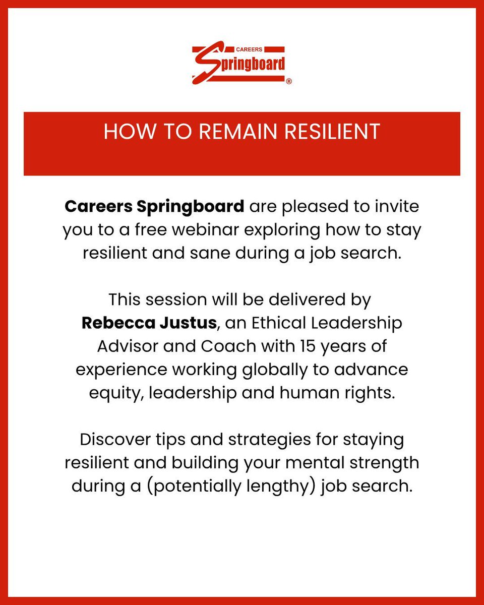 CSGX_'s tweet photo. Job searching can be a long and draining process. How do you stay resilient?
📅 1 June 2026
🕖 7:00pm &amp; 7:30pm via Zoom
🎙 Rebecca Justus, Ethical Leadership Advisor and Coach
👉 Members: https://t.co/9tgkTDvCuf
👉 Non-members: https://t.co/gnUABjZGrM https://t.co/kNGY212FpI