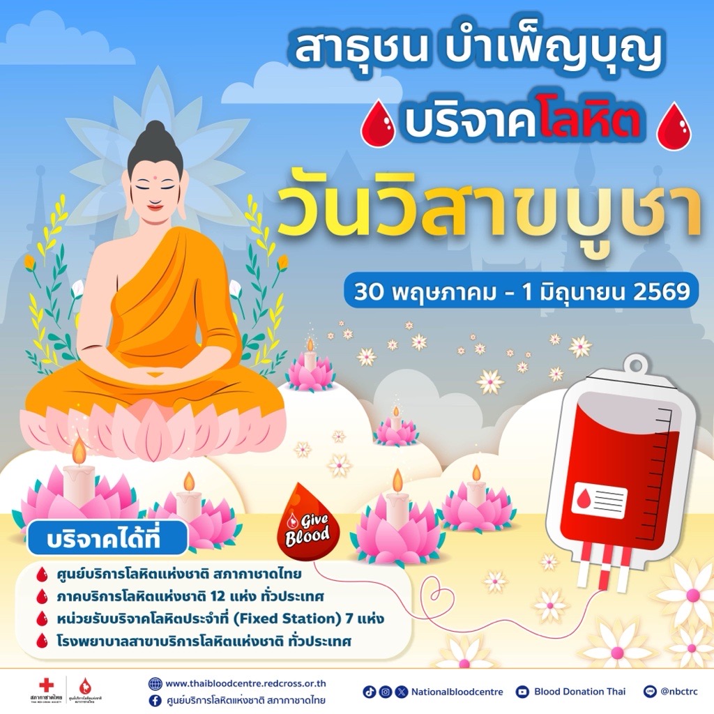 tnnthailand's tweet photo. 31 พฤษภาคม วันวิสาขบูชา🌷

🙏ขอเชิญพุทธศาสนิกชน ร่วมทำบุญใหญ่ สร้างมหากุศลแห่งการให้ #บริจาคโลหิต วันพระใหญ่🩸ถวายเป็นพุทธบูชา ในโครงการ🔻 "สาธุชน บำเพ็ญบุญ บริจาคโลหิต วันวิสาขบูชา"

📆ระหว่างวันที่ 30 พฤษภาคม - 1 มิถุนายน 69

#สภากาชาดไทย #บริจาคเลือด #ศูนย์บริการโลหิตแห่งชาติ https://t.co/j1JxG14hAe