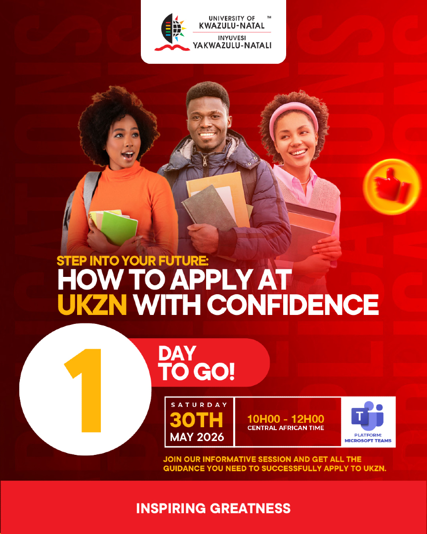 UKZN's tweet photo. Ready to apply to UKZN? 🎓

Join our online information session on Saturday, 30 May 2026 from 10h00 to 12h00 CAT via Microsoft Teams.

Learn about the application process, programme choices, CAO deadlines, required documents, funding opportunities and more. A live Q&A session will also give you the chance to get answers from UKZN recruitment advisors.

Register now: https://t.co/cylJxk45Ru