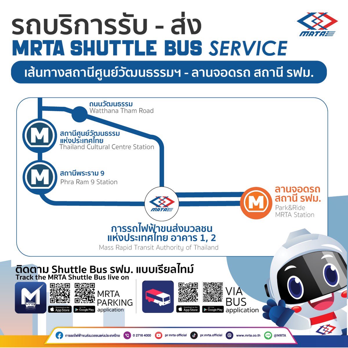 PrMrta's tweet photo. 🚍รฟม. บริการรถโดยสาร MRTA Shuttle Bus  รถบัสไฟฟ้า EV วิ่งรับ-ส่ง เพื่ออํานวยความสะดวก แก่ผู้���ช้บริการรถไฟฟ้า 

💙เส้นทางที่ให้บริการในปัจจุบัน : สถานีศูนย์วัฒนธรรมแห่งประเทศไทย - สถานีพระราม 9 - สำนักงาน รฟม. (อาคาร 1 และอาคาร 2) ลานจอดรถสถานี รฟม.(ด้านหน้าถนนพระราม 9)    
💜เส้นทางทดลอง : สถานีคลองบางไผ่ - สถานีตลาดบางใหญ่ - ชอยคลองถนน - ถนนแก้วอินทร์

📍รถบริการแบบใหม่แบบเริ่ด จะเริ่มให้บริการตั้งแต่วันที่ 1 มิถุนายน 2569 เป็นต้นไป 

ทั้งนี้บริการรถรับ-ส่งจะวิ่งวนเป็นลูป  🕓ตั้งแต่เวลา 06.00 – 19.30 น. 
**แต่ละเส้นทางจะมีเวลาการให้บริการที่แตกต่างกัน ขอให้ผู้ใช้บริการดูรายละเอียดตารางเวลาด้วยนะคะ

📱และเพิ่มความสะดวกมากยิ่งขึ้น ผ่านแอปพลิเคชัน MRTA PARKING และ ViaBus Application ดาวน์โหลดได้ทั้ง ระบบ Android และios  เพื่อติดตามรอบการเดินรถ��บบเรียลไทม์ (อยู่ระหว่างทดสอบระบบ)

สอบถามข้อมูลเพิ่มเติม โทร. 0 2716 4000 ต่อ 2383 , 2384