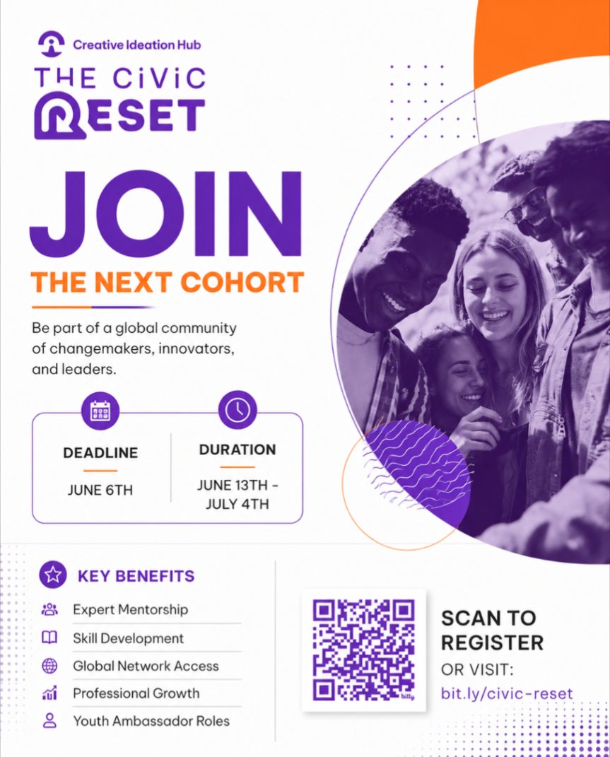 CreativeIHub's tweet photo. If you are a young leader ready to transition from advocacy to systemic action, join The Civic Reset cohort. At The Civic Reset, we are empowering the next generation of UK changemakers with the practical skills to demand transparency and drive structural https://t.co/nIOCQuybxp