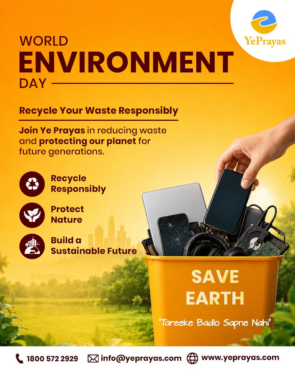 PrayasYe's tweet photo. This World Environment Day, choose responsible e-waste recycling.

Every device recycled helps reduce waste, conserve resources, and protect our planet for future generations.

#worldenvironmentday #yeprayas #ewaste #sustainability https://t.co/BlWuhO8qeu