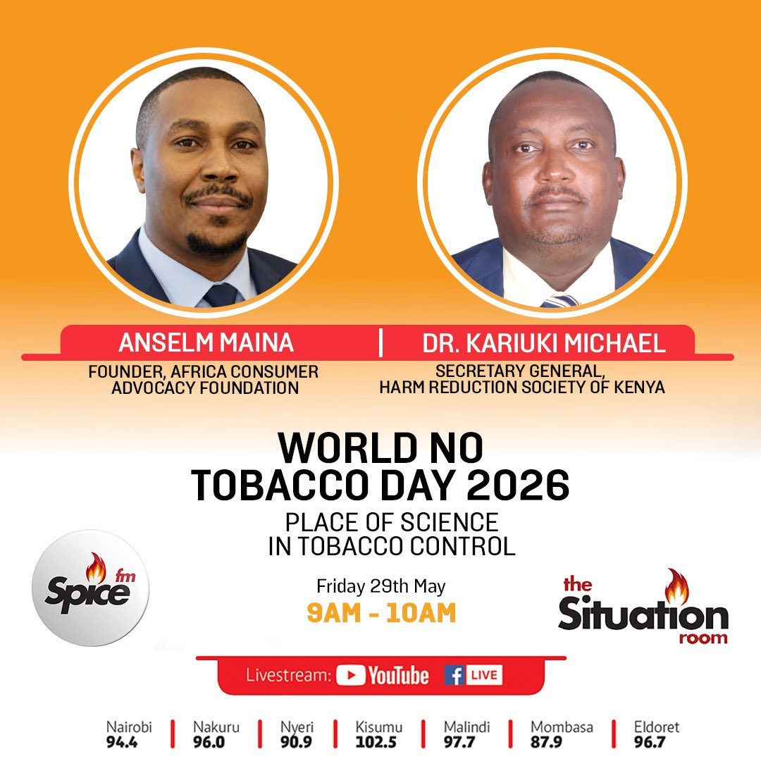 harmreductionke's tweet photo. HRSK joins the World No Tobacco Day 2026 conversation on the place of science in tobacco control.

📅 Friday, 29th May
⏰ 9AM–10AM
📍 Spice FM | The Situation Room

#WorldNoTobaccoDay #HRSK #TobaccoControl #HarmReductionKenya https://t.co/789Yg01rOD