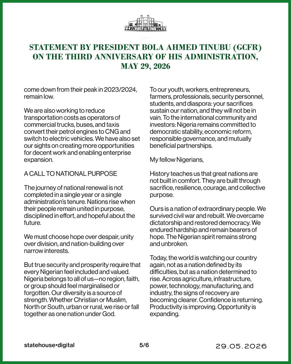 officialABAT's tweet photo. In the oil and gas sector, the reforms we instituted have attracted billions of dollars in fresh investment from the international oil companies that had shunned our country. The $5 billion NLNG Train 7 project is nearing completion to boost LNG production capacity, exports, and dividends.

Domestic gas utilisation is expanding. Local refining capacity has improved our energy security. With large-scale domestic and modular refineries operational, Nigeria is reducing its dependence on imported petroleum products and conserving foreign exchange.

For years, the power sector suffered from debt, underinvestment, and uncertainty, which weakened generation capacity and limited growth. Today, we are confronting those challenges directly.

Our administration is clearing legacy obligations, expanding transmission infrastructure, investing in renewable energy, and strengthening the national grid because no modern economy can grow in darkness. When power improves, businesses expand, industries grow, jobs are created, and families prosper.

We are determined to power Nigeria into a new era of industrial growth and economic opportunity.

EMPOWERING NIGERIANS: AGRICULTURE, EDUCATION, AND HOUSING

Agricultural interventions have supported millions of farmers by improving seedlings, fertilisers, mechanisation, and irrigation and by expanding access to finance and markets. We are opening new agricultural corridors to create jobs, strengthen supply chains, and reduce pressure on household incomes.

The Nigerian Education Loan Fund has provided over 1.5 million students with access to higher education, disbursing more than ₦282 billion to ensure that no willing student is denied access due to financial hardship.

Our Renewed Hope Housing Programme, along with that of the Federal Housing Authority (FHA), is delivering over 10,000 housing units across 14 states and the FCT, creating over 300,000 jobs and expanding access to affordable housing. Major Renewed Hope Cities in Abuja, Lagos, and Kano are progressing steadily. Our consumer credit initiative, CREDICORP, is opening up new economic opportunities for workers and families.

In healthcare, thousands of primary healthcare centres are being revitalised, while health insurance coverage is expanding for vulnerable Nigerians.

DEEPENING TELECOMS ACCESS AND INVESTMENT

We also took decisive action to stabilise the telecommunications sector, which remains one of the most important drivers of modern economic growth.

After years of severe operational pressures and declining investment, confidence is gradually returning to the sector. Telecom operators are expanding networks, investing in infrastructure, recruiting Nigerian talent, and widening digital access across the country.

A connected Nigeria is a more competitive Nigeria. Digital infrastructure is now essential to commerce, education, innovation, and national productivity.

YOUTH, TECHNOLOGY AND DIGITAL TRANSFORMATION

To our young people, I want you to know this nation believes in you. You are not a problem to be managed. You are the engine of Nigeria’s future. Across technology, manufacturing, creative industries, agriculture, sports, and entrepreneurship, we are expanding opportunities for you to compete and succeed. We are investing in digital skills, technical education, innovation, student financing, and enterprise support because the future must be driven by Nigerian talent, creativity, and productivity.

SECURITY AND NATIONAL UNITY

Security remains central to our national mission and to the creation of a virile and prosperous society. Our Armed Forces and security agencies have intensified operations against terrorists, bandits, kidnappers, oil thieves, and criminal networks. While challenges remain, many communities and highways are becoming safer and more economically active. We continue investing in intelligence, surveillance, logistics, technology, and inter-agency coordination.