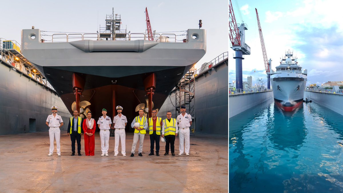 outremers360's tweet photo. #LaRéunion : Le dock flottant Titan réussit sa première opération commerciale avec le #Champlain, début d'une aventure industrielle pour la réparation navale dans l'océan Indien
➡️https://t.co/jVh6Iko3aT
➡️Le dock flottant Titan, installé au Grand Port maritime de La Réunion, a achevé sa première opération commerciale avec succès à l’occasion de l’arrêt technique majeur du Champlain, bâtiment de soutien et d’assistance outre-mer (BSAOM) de la Marine nationale, ce jeudi 28 mai 2026. Une cérémonie s’est tenue jeudi sur le quai 9 du Port Ouest pour marquer la fin de ce chantier, en présence notamment de la présidente du Conseil de surveillance du Grand Port maritime de La Réunion, Shenaz Bagot, de la présidente de Région Huguette Bello, du général de division Jean de Monicault, commandant supérieur des Forces armées de la zone sud de l’océan Indien (FAZSOI), et du président du groupe Piriou, Vincent Faujour.