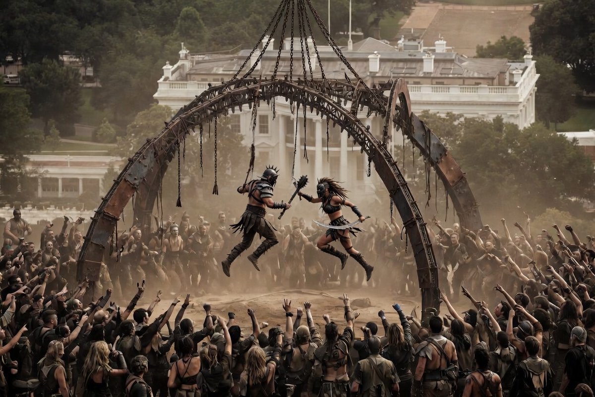 Mobyhunr's tweet photo. Trump appears going for full Barter Town Beyond Thunderdome at his new Hell House? https://t.co/mab4is7hHB