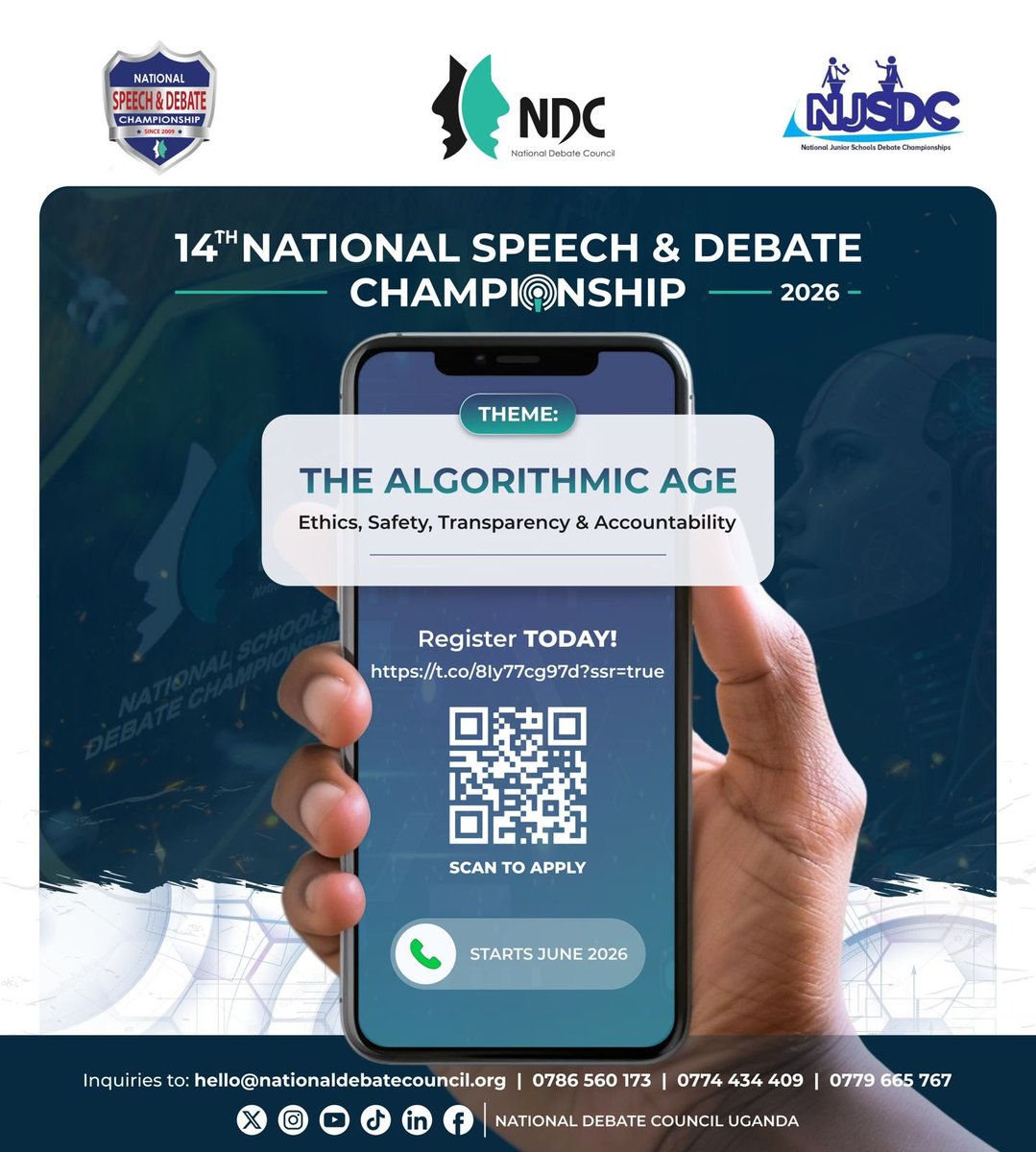 NDCUganda's tweet photo. Has your School registered yet?

The #14thNSDC &amp; #6thNJSDC are fast approaching under the theme: “The Algorithmic Age: Ethics, Safety, Transparency &amp; Accountability.”

Starting this June.

Register your school today.
🔗 https://t.co/nHX97YIbim
#DebateUG | @kasujja | @norbertmao https://t.co/yT2UUAuwAL
