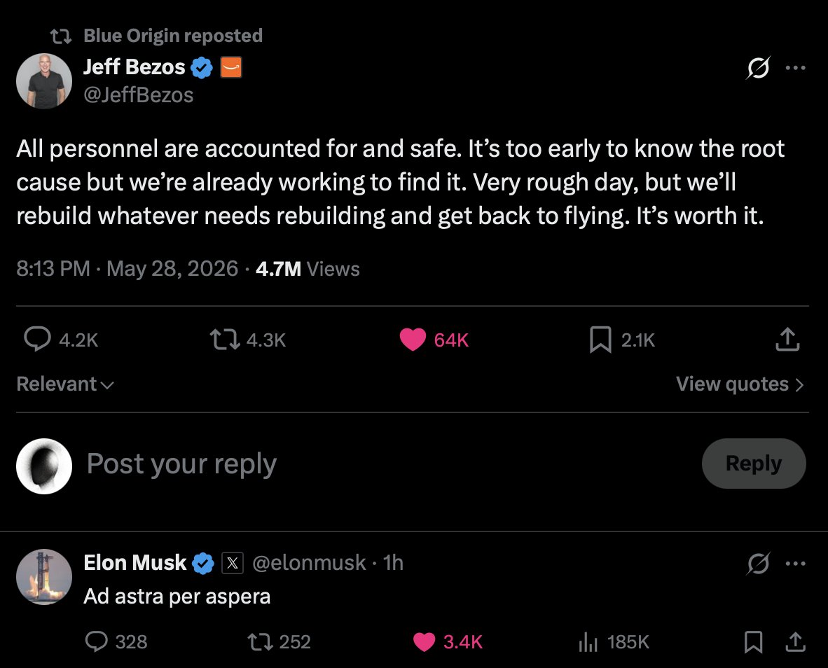xyberfeed's tweet photo. Always nice to see these two interacting with each other positively, may be a competitor but encouragement in the Space Program is a net positive for humanity. https://t.co/WXwTQsP4Vl