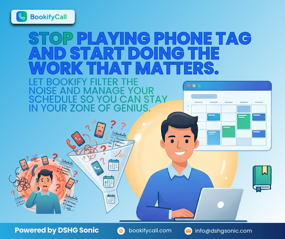 DSHGSonic's tweet photo. Stop playing phone tag and juggling endless messages.

Let Bookify handle your scheduling so you can focus on what truly matters your zone of genius. https://t.co/j3vH2GQWC6
