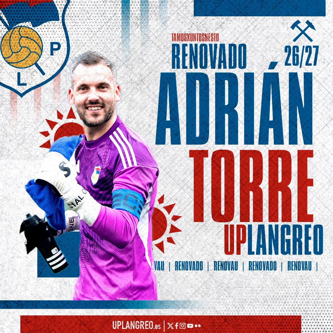 UPLangreo's tweet photo. ♻️Comunicado oficial: Adrián Torre

El guardameta langreano seguirá defendiendo la portería de Ganzábal la próxima temporada. El curso pasado disputó 35 partidos en los que logró un gol.

⚒️¡A por más @1atorre!

🔗 https://t.co/Yup0p86bms

🔵🔴#TamosXuntosNesto https://t.co/lLfaiIjxnC