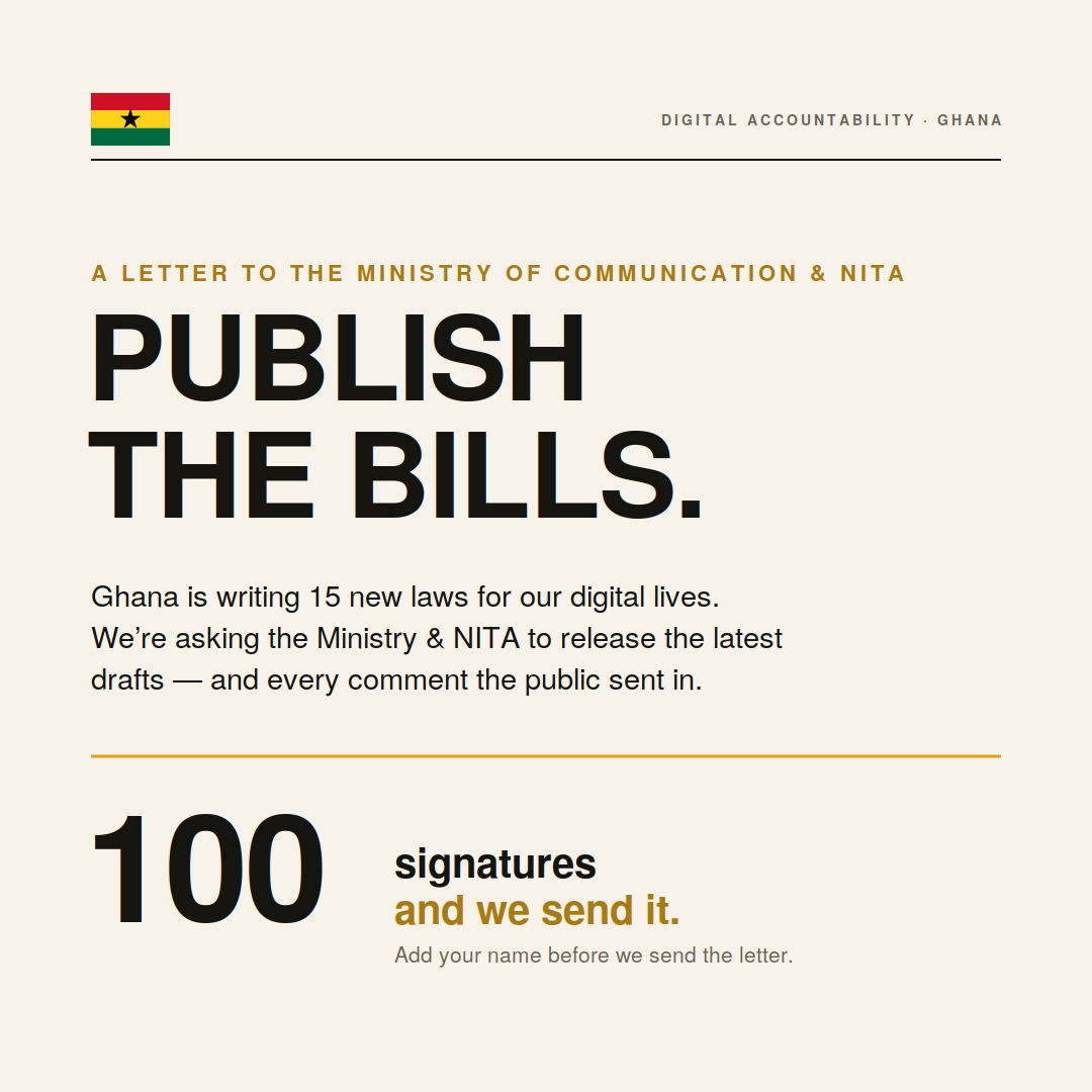 kofiemeritus's tweet photo. In the last 24 hours, a group of Ghanaians came together to draft a letter to @MoCDTI &amp; @NITAGhana — asking them to publish the latest digital bills and every public comment received. 

We need 100 names to send it. Add your name👇🏿 https://t.co/c1pO4X54wN https://t.co/m8qk0dnhm5