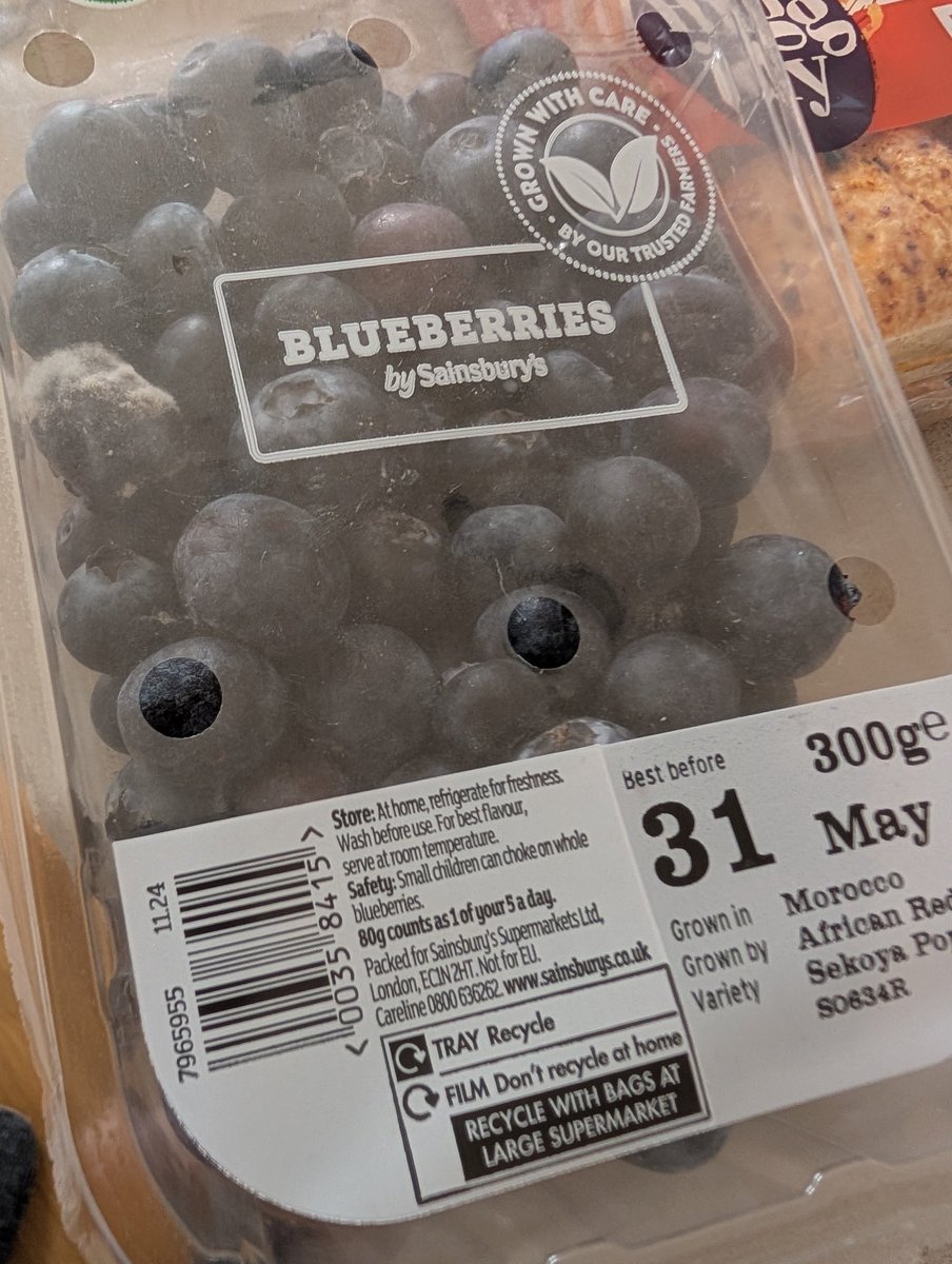 saltman84's tweet photo. @sainsburys delivered yesterday with best before date of Sunday, not even opened yet but already gone mouldy (see one on left hand side) https://t.co/VoaVi1aC9J