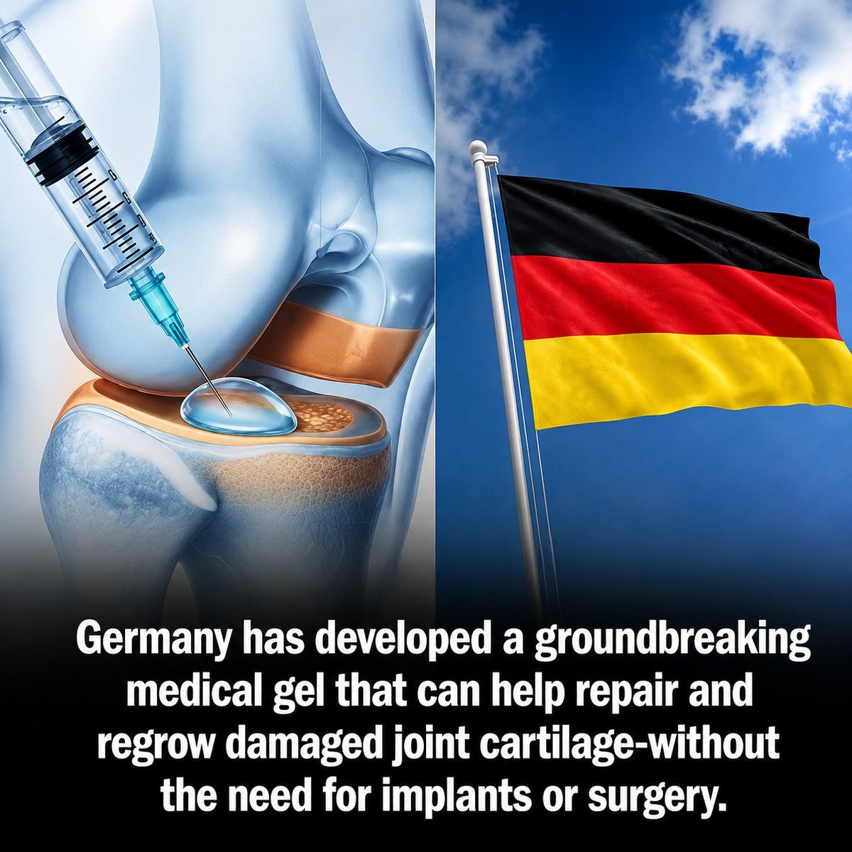 SmartScience's tweet photo. Our knee can heal itself. It just needed Germany to hand it the blueprint.

Doctors in Stuttgart did something quietly radical. They built a gel that lets damaged joint cartilage rebuild itself, no implants, no metal, no major reconstruction.

It's called ChondroFiller liquid.

Here's how it works.

A surgeon injects the liquid into the damaged spot during a single minimally invasive arthroscopic procedure. Within 3 to 5 minutes, it hardens into a stable matrix, molding perfectly to the exact shape of the lesion.

Then the real magic starts.

That matrix becomes a scaffold. Your own repair cells migrate in from the surrounding tissue, multiply, and slowly transform into chondrocytes, the cells that actually build cartilage. Over the following months, your body replaces the gel with brand-new tissue grown from you.

No fibrin glue. No drilling into the bone.

This isn't a fringe experiment, either.

The device is made by Meidrix Biomedicals, developed alongside scientists at the Fraunhofer Institute for Interfacial Engineering and Biotechnology in Stuttgart. It's been CE-certified since its market launch in 2013 and has already been implanted in more than 20,000 patients worldwide.

The numbers back it up.

In one study of 26 patients with hip cartilage defects larger than 2 cm², 81% achieved good or excellent results. MRI scans confirmed significant healing in over 90% of cases.

One important caveat: it's built for small, focal cartilage defects, not advanced arthritis. Patients with severe osteoarthritis saw weaker results.

But for the right injury, this flips the script entirely.

Instead of replacing the joint, you give it the tools to repair itself.

Source: Meidrix Biomedicals / Fraunhofer Institute IGB, Stuttgart; clinical data via Kazinform News Agency