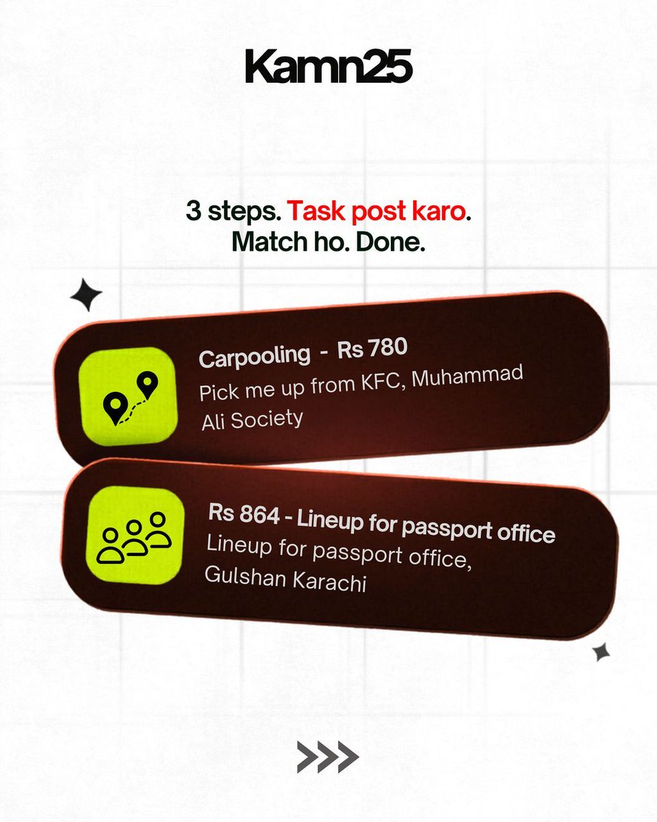 25kamn's tweet photo. Itna simple hai:

01 - Jo chahiye woh task post karo.
02 - Nearby banda notification dekhe, accept kare.
03 - Kaam ho jaata hai. Tum baithe raho.

Minimum Rs. 150. Koi subscription nahi. Koi monthly fee nahi.

APK link: 🔗 https://t.co/1pf1V8Ave2

#Kamn25 https://t.co/yGtSwovce2