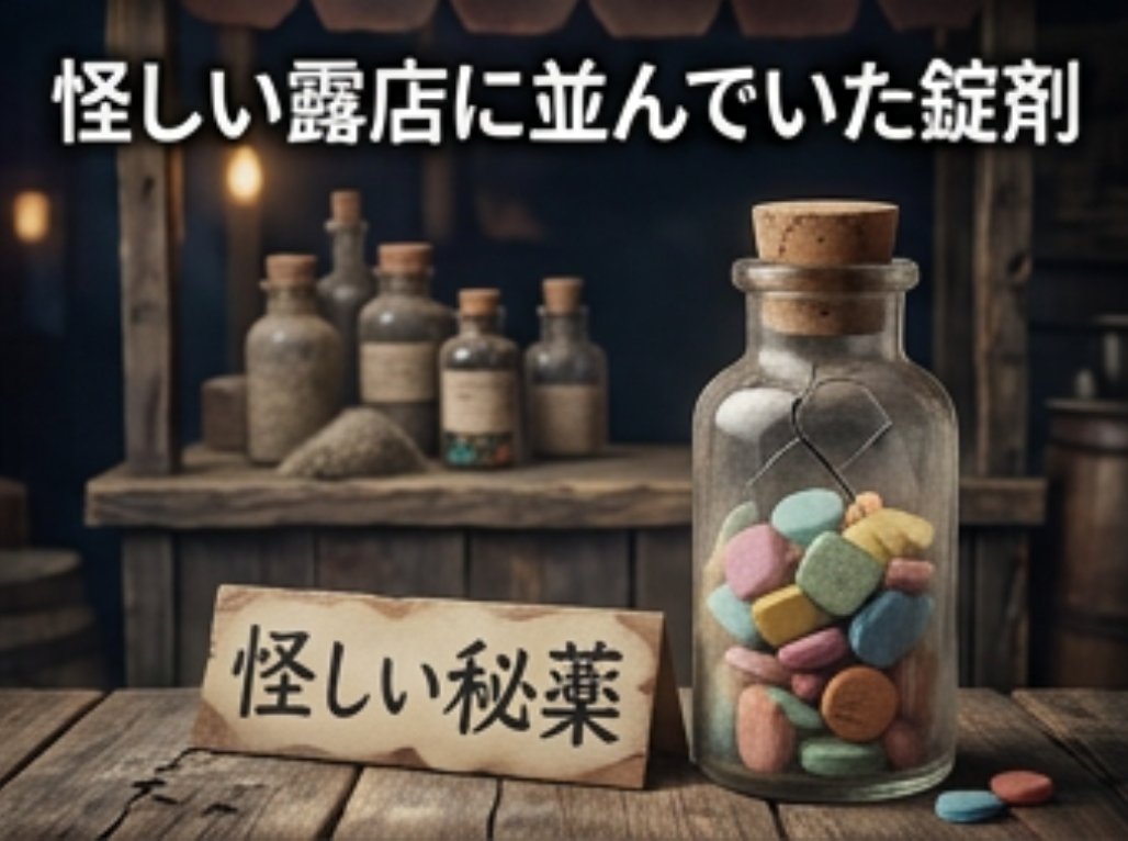 beverlyToyGame's tweet photo. 「怪しい露店に並んでいた錠剤」飲みやすいとロングセラーを記録。その理由は？
 #大喜利 #このボールペンを1万円で売ってください https://t.co/jF9XadYhHj