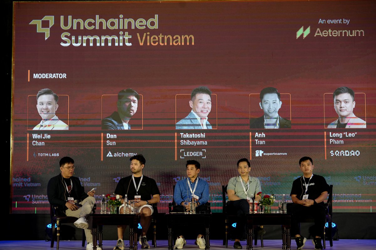 UnchainedSummit's tweet photo. Building a thriving Web3 ecosystem requires far more than technology alone, and that theme carried through one of the most engaging discussions of Day 2 at #UnchainedSummitVietnam.

Leaders from @Alchemy, @Ledger, Superteam, and @sqrDAO came together to share perspectives on the realities of ecosystem building, developer growth, community participation, and long-term adoption across Asia.

Moderated by Wei Jie Chan of @TOTM_Labs, the conversation brought practical insights from teams actively building and scaling across the region.

#EventbyAeternum #Web3Asia #Blockchain #Builders #CryptoConferences #VietnamWeb3