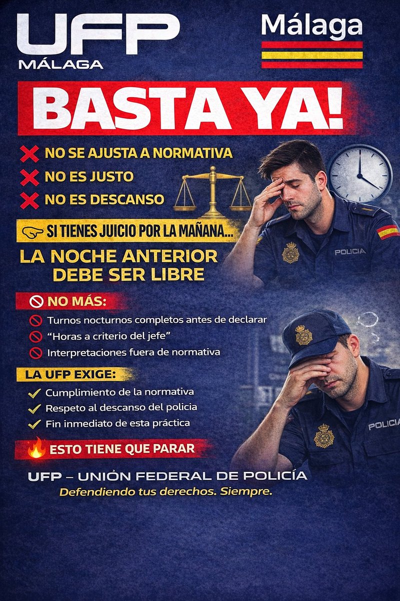 ufpol's tweet photo. 🚨Hay Comisarías en #malaga en las que NO LIBERAN LA NOCHE DE SERVICIO CUANDO SE TIENE JUICIO EN SALIENTE🚨

🚫Es una práctica que NO se ajusta a normativa.

🚫No ocurre en toda España, generando un agravio claro entre compañeros según el destino.

👉Resulta sorprendente que tengamos que seguir luchando por algo básico: el descanso entre policías.

🔥Ya no hablamos de mejoras económicas como otros cuerpos… hablamos de descanso.

🛑LO VAMOS A LLEVAR AL CONSEJO. #bastaYA